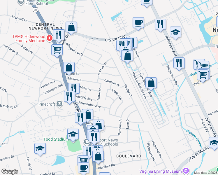 map of restaurants, bars, coffee shops, grocery stores, and more near 147 Moline Drive in Newport News