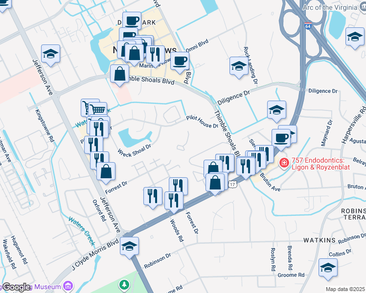 map of restaurants, bars, coffee shops, grocery stores, and more near 367 Nantucket Place in Newport News