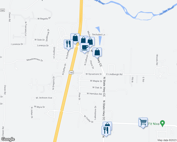 map of restaurants, bars, coffee shops, grocery stores, and more near 296 Streamside Court in Nixa