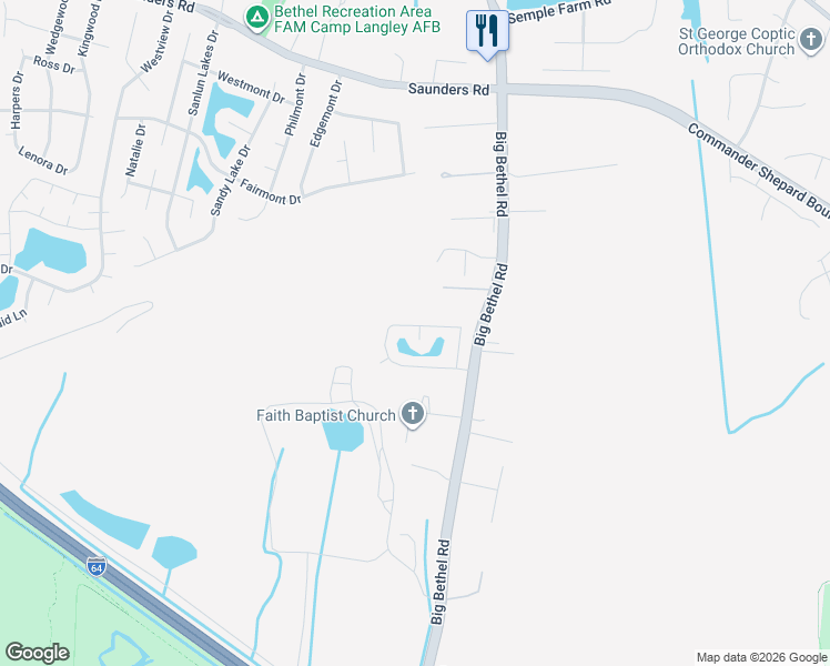 map of restaurants, bars, coffee shops, grocery stores, and more near 4 Longleaf Court in Hampton