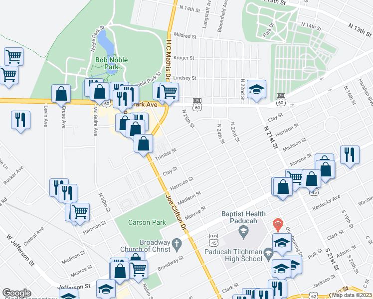 map of restaurants, bars, coffee shops, grocery stores, and more near 2550 Trimble Street in Paducah