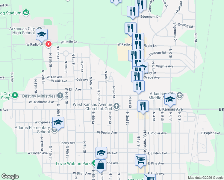 map of restaurants, bars, coffee shops, grocery stores, and more near 1505 North 3rd Street in Arkansas City