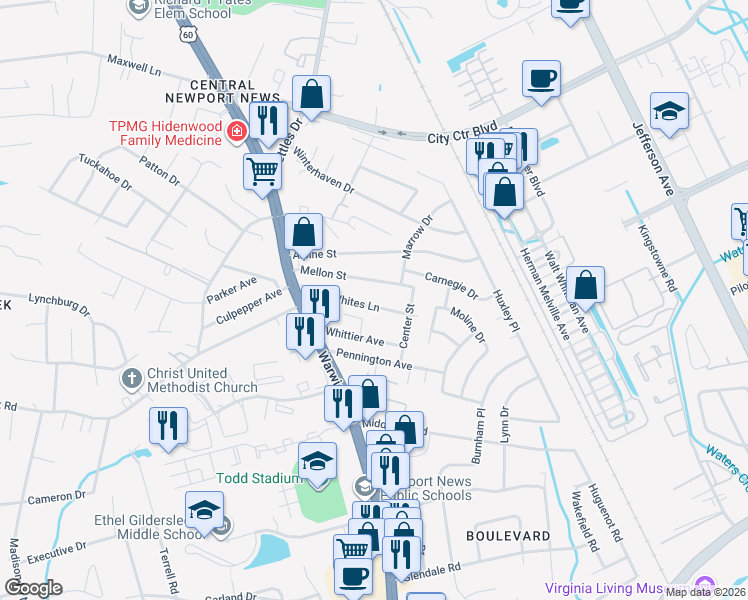 map of restaurants, bars, coffee shops, grocery stores, and more near 34 Whites Lane in Newport News