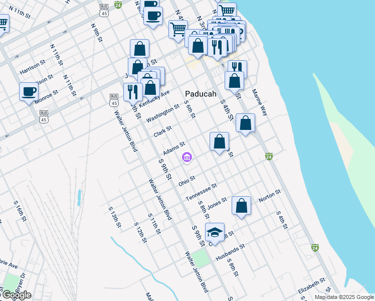 map of restaurants, bars, coffee shops, grocery stores, and more near 501-599 South 7th Street in Paducah