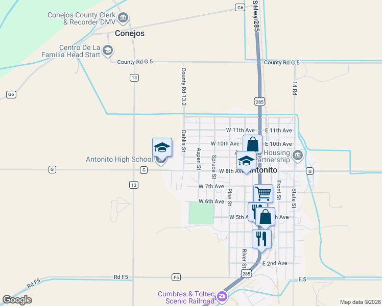map of restaurants, bars, coffee shops, grocery stores, and more near 511 West 9th Avenue in Antonito