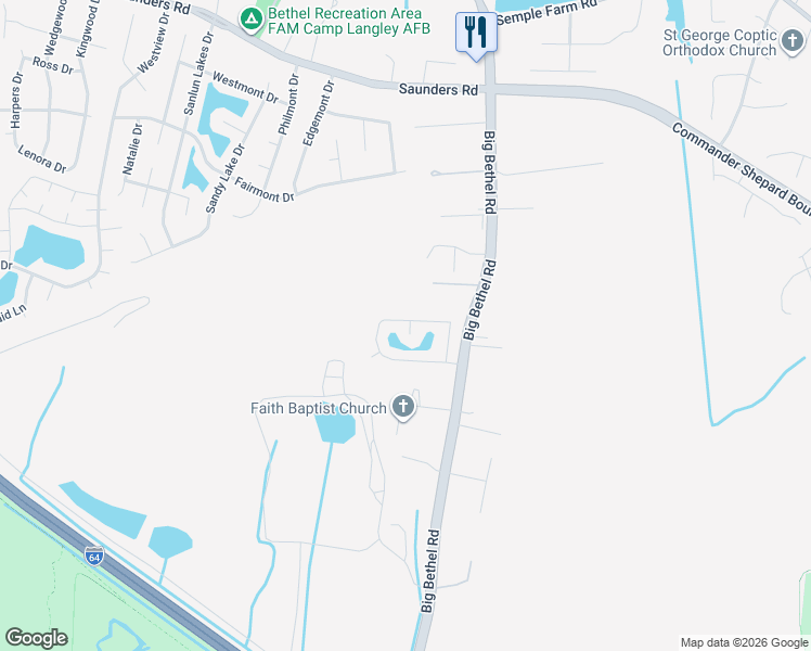 map of restaurants, bars, coffee shops, grocery stores, and more near 4 Longleaf Court in Hampton