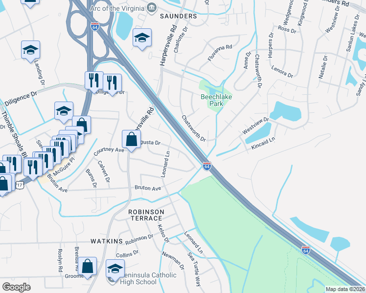 map of restaurants, bars, coffee shops, grocery stores, and more near 313 Agusta Drive in Newport News
