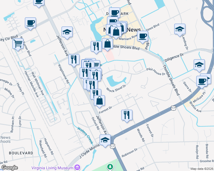 map of restaurants, bars, coffee shops, grocery stores, and more near 123 Wreck Shoal Drive in Newport News