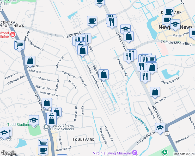 map of restaurants, bars, coffee shops, grocery stores, and more near 279 Herman Melville Avenue in Newport News