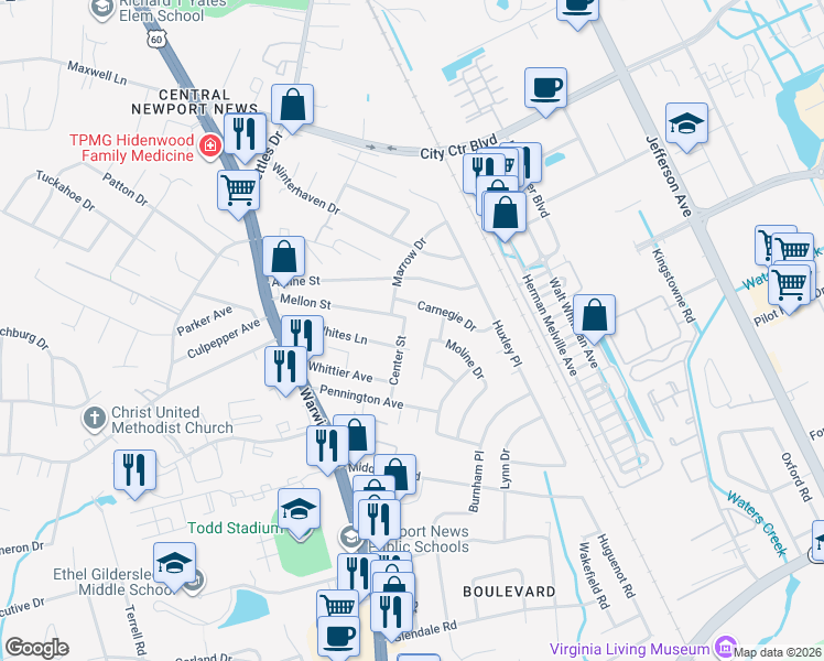 map of restaurants, bars, coffee shops, grocery stores, and more near 43 Whites Lane in Newport News