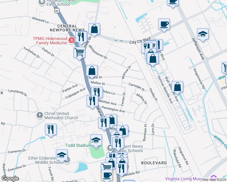 map of restaurants, bars, coffee shops, grocery stores, and more near 34 Whites Lane in Newport News