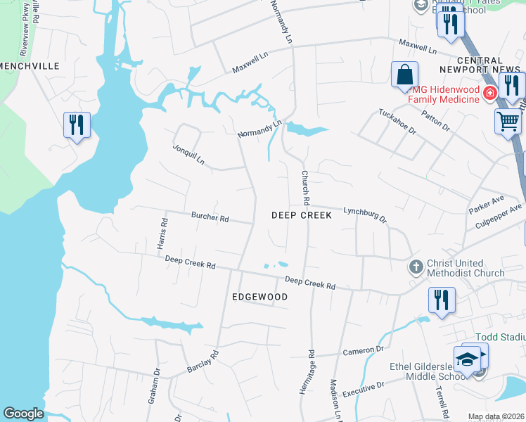 map of restaurants, bars, coffee shops, grocery stores, and more near 201 Granville Drive in Newport News