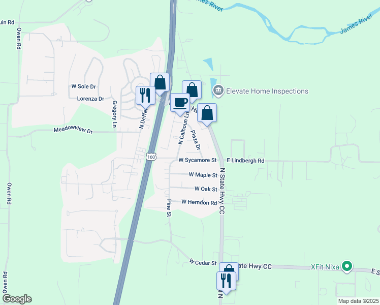 map of restaurants, bars, coffee shops, grocery stores, and more near 300 Sycamore Street in Nixa