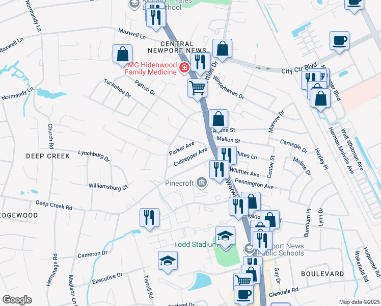 map of restaurants, bars, coffee shops, grocery stores, and more near 37 Culpepper Avenue in Newport News