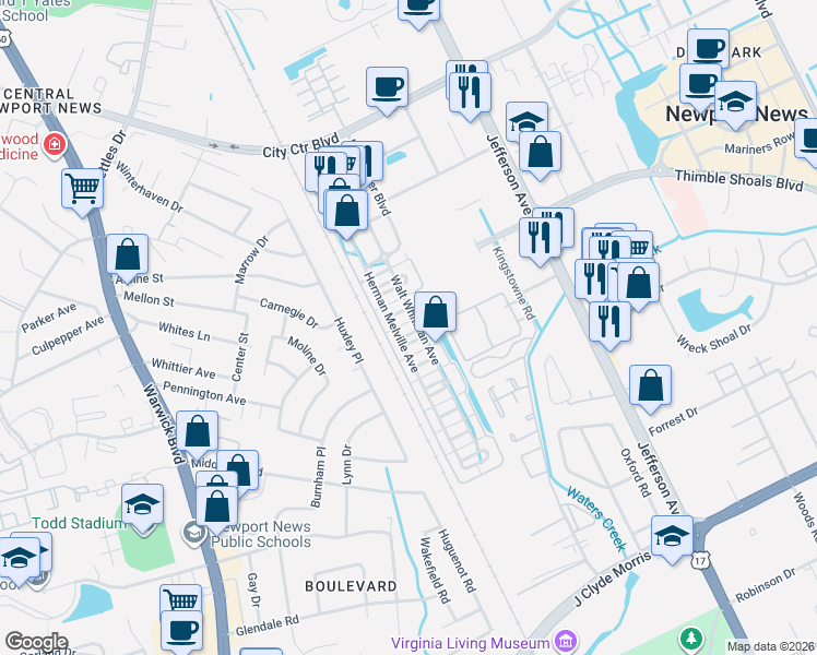 map of restaurants, bars, coffee shops, grocery stores, and more near 279 Herman Melville Avenue in Newport News