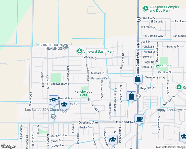 map of restaurants, bars, coffee shops, grocery stores, and more near 565 Rosewood Court in Los Banos