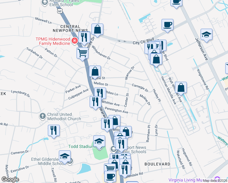 map of restaurants, bars, coffee shops, grocery stores, and more near 31 Whites Lane in Newport News