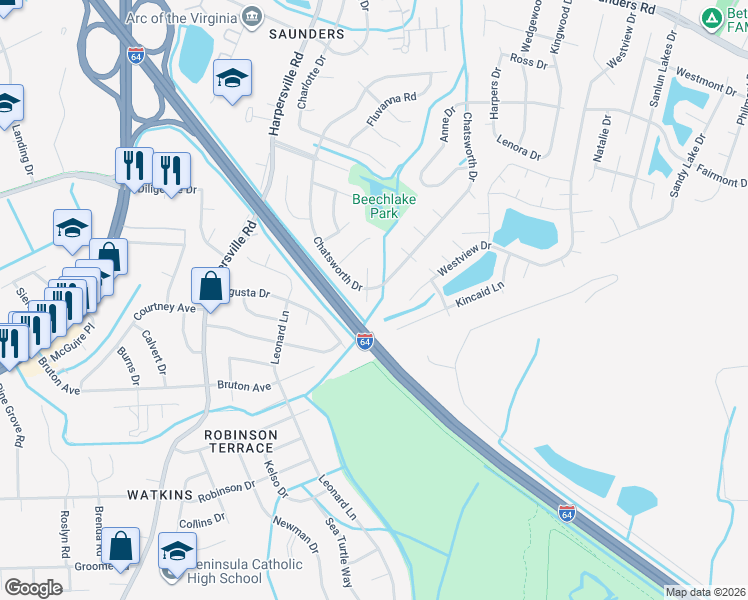 map of restaurants, bars, coffee shops, grocery stores, and more near 219 Dublin Court in Newport News