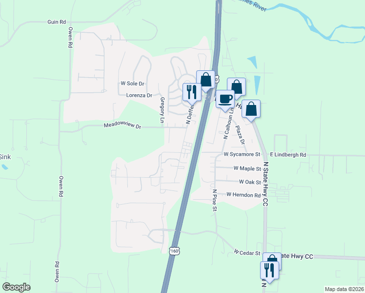 map of restaurants, bars, coffee shops, grocery stores, and more near 659 Meadowridge Street in Nixa