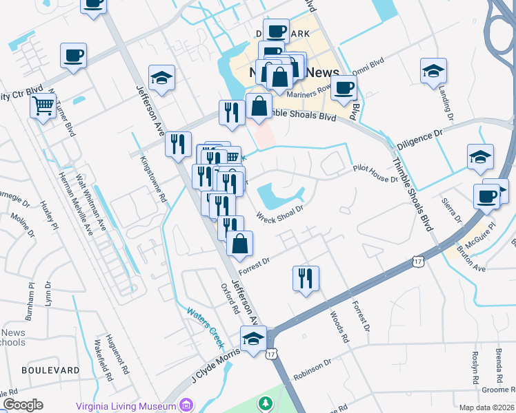 map of restaurants, bars, coffee shops, grocery stores, and more near 123 Wreck Shoal Drive in Newport News