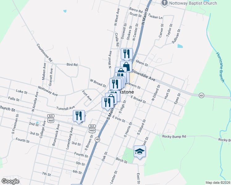 map of restaurants, bars, coffee shops, grocery stores, and more near 100 West Elm Street in Blackstone