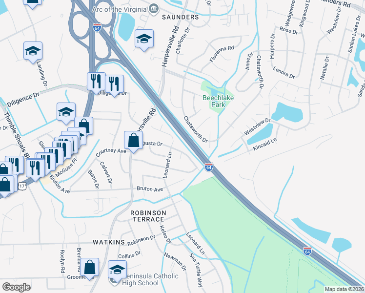 map of restaurants, bars, coffee shops, grocery stores, and more near 313 Agusta Drive in Newport News