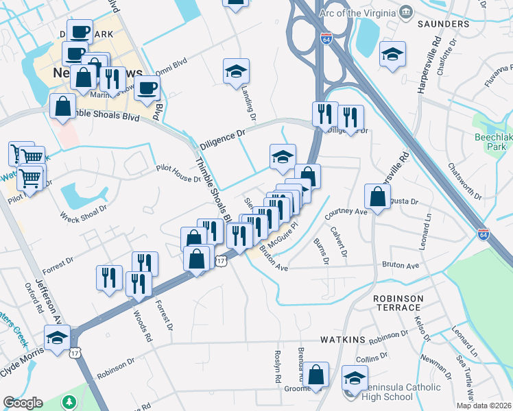 map of restaurants, bars, coffee shops, grocery stores, and more near 6 Sierra Drive in Newport News