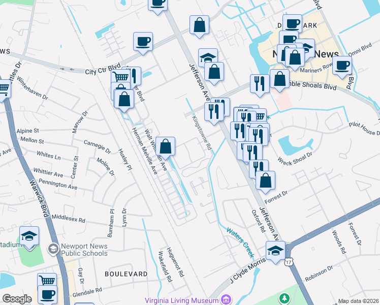 map of restaurants, bars, coffee shops, grocery stores, and more near 505 Oscar Loop in Newport News