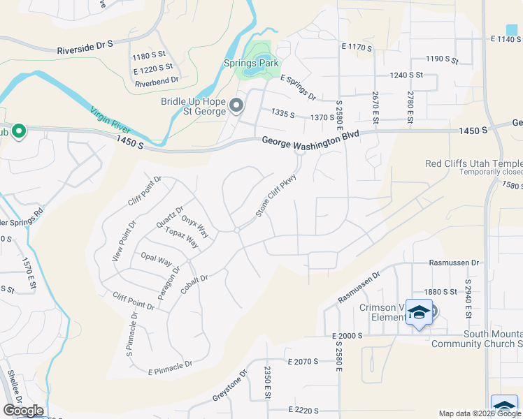 map of restaurants, bars, coffee shops, grocery stores, and more near 1507 Cliff Rose Drive in St. George