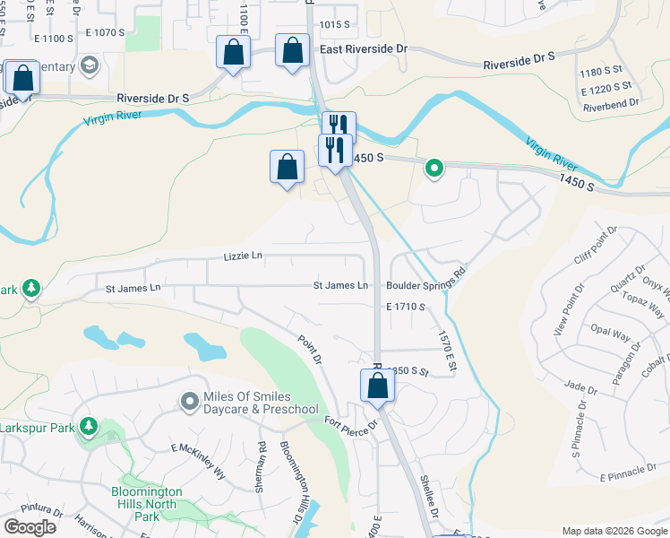 map of restaurants, bars, coffee shops, grocery stores, and more near 1307 Saint James Lane in St. George