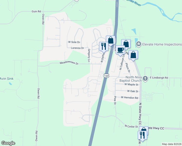 map of restaurants, bars, coffee shops, grocery stores, and more near 668 Meadowridge Drive in Nixa