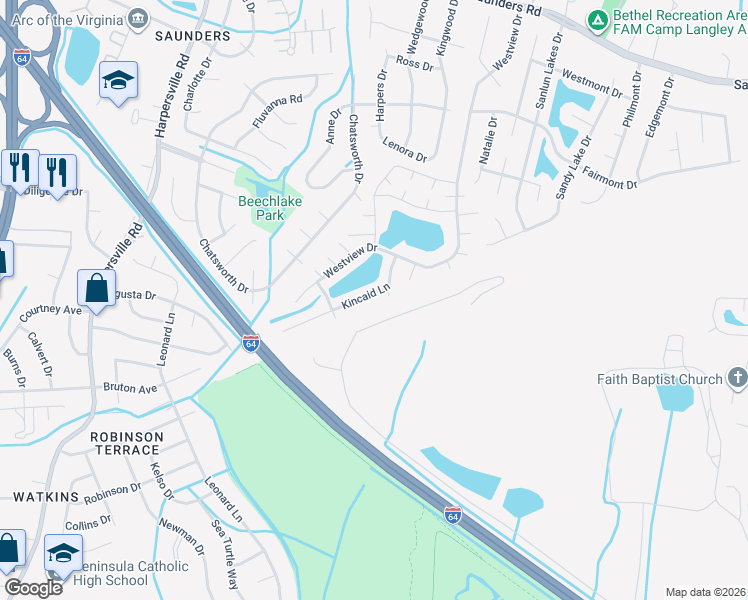 map of restaurants, bars, coffee shops, grocery stores, and more near 4 Bullock Place in Hampton