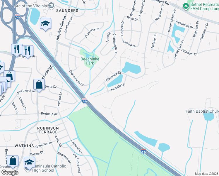 map of restaurants, bars, coffee shops, grocery stores, and more near 73 Kincaid Lane in Hampton