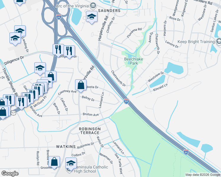 map of restaurants, bars, coffee shops, grocery stores, and more near 313 Agusta Drive in Newport News
