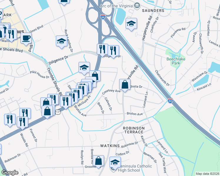 map of restaurants, bars, coffee shops, grocery stores, and more near 32 Courtney Avenue in Newport News