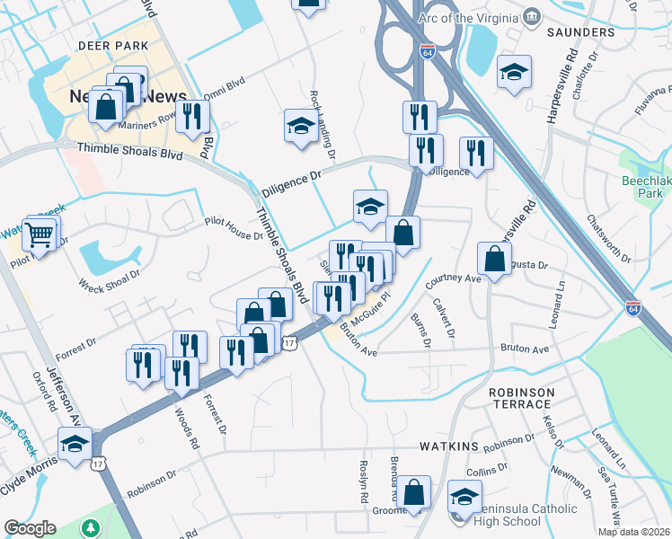 map of restaurants, bars, coffee shops, grocery stores, and more near 6 Sierra Drive in Newport News