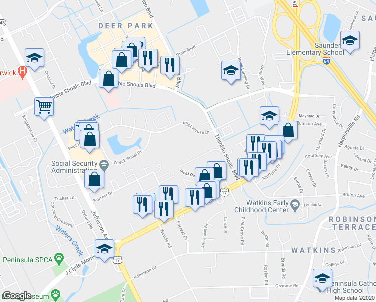 map of restaurants, bars, coffee shops, grocery stores, and more near 262 Nantucket Place in Newport News