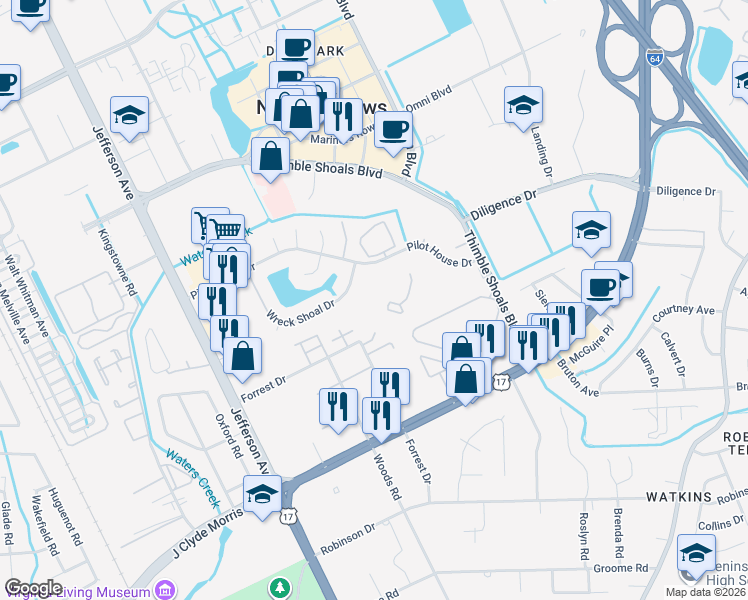 map of restaurants, bars, coffee shops, grocery stores, and more near 102 Nantucket Place in Newport News