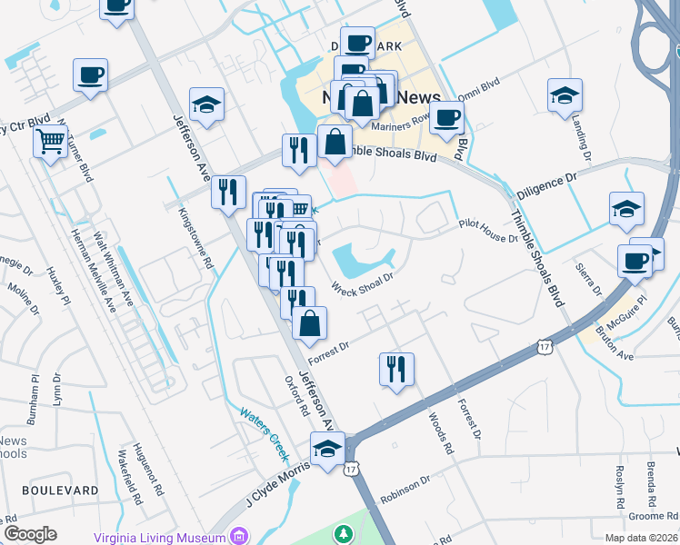 map of restaurants, bars, coffee shops, grocery stores, and more near 123 Wreck Shoal Drive in Newport News