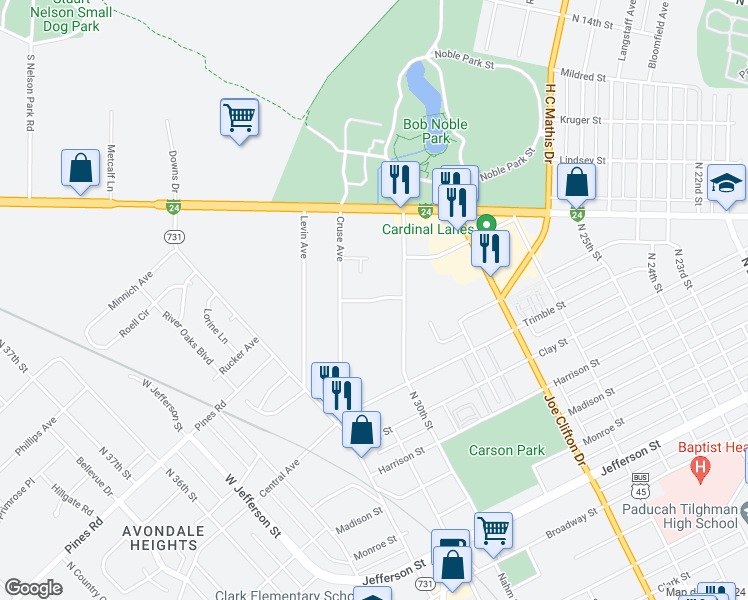 map of restaurants, bars, coffee shops, grocery stores, and more near 763 Mc Guire Avenue in Paducah