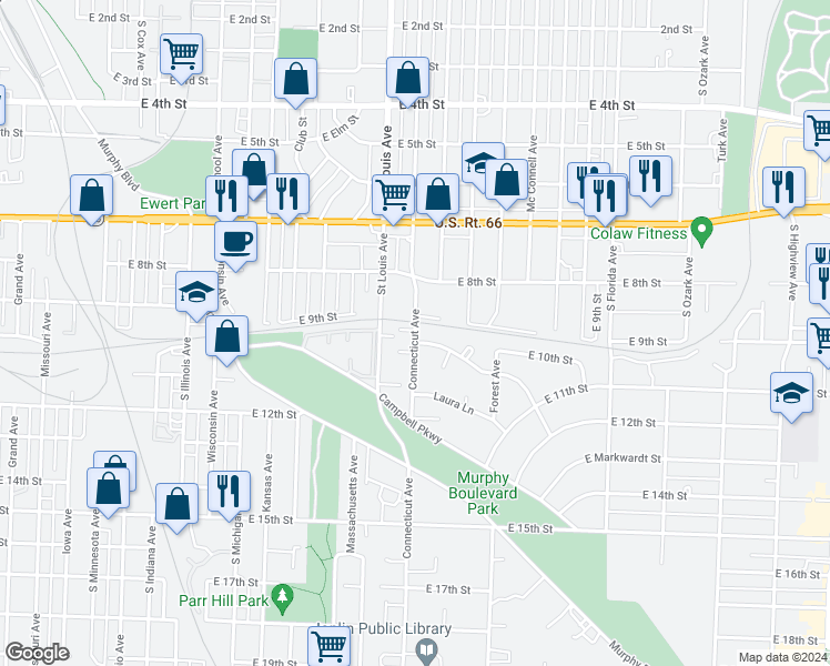 map of restaurants, bars, coffee shops, grocery stores, and more near 1002 Connecticut Avenue in Joplin