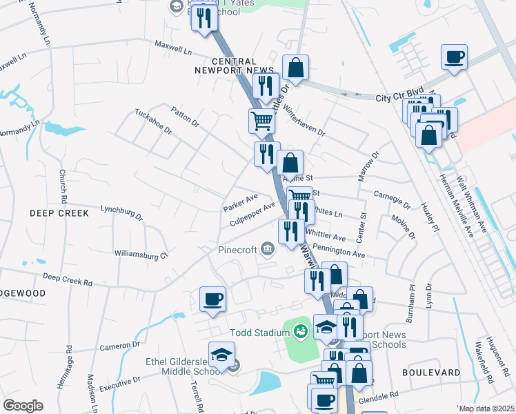 map of restaurants, bars, coffee shops, grocery stores, and more near 25 Culpepper Avenue in Newport News