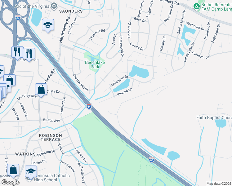 map of restaurants, bars, coffee shops, grocery stores, and more near 73 Kincaid Lane in Hampton