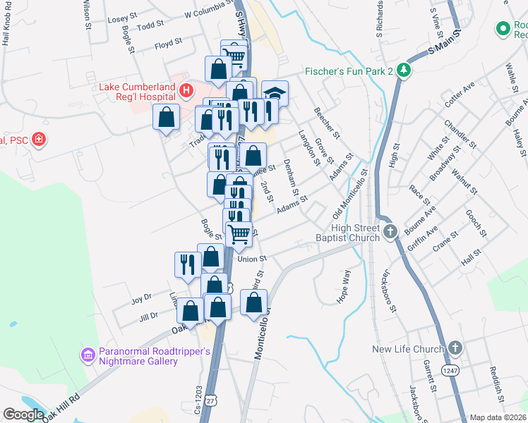 map of restaurants, bars, coffee shops, grocery stores, and more near Adams Street in Somerset