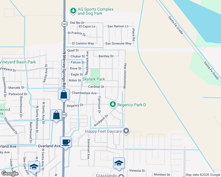 map of restaurants, bars, coffee shops, grocery stores, and more near 24 Langley Court in Los Banos