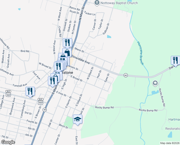 map of restaurants, bars, coffee shops, grocery stores, and more near 400-498 Tavern Street in Blackstone