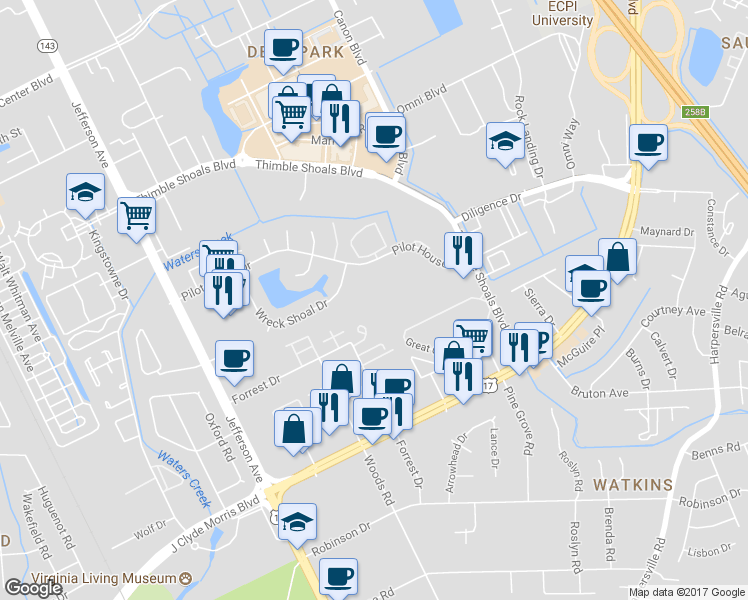 map of restaurants, bars, coffee shops, grocery stores, and more near 146 Tidal Drive in Newport News