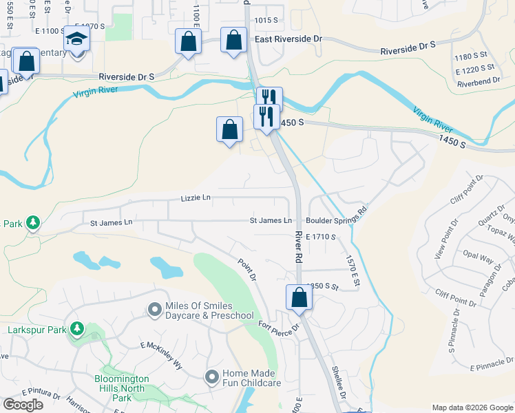 map of restaurants, bars, coffee shops, grocery stores, and more near 1307 Saint James Lane in St. George