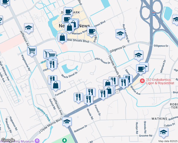 map of restaurants, bars, coffee shops, grocery stores, and more near 146 Tidal Drive in Newport News