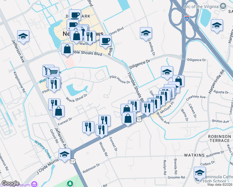 map of restaurants, bars, coffee shops, grocery stores, and more near 262 Nantucket Place in Newport News